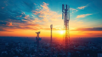 Industrial communication towers standing tall under a vibrant blue sky, with the sun casting long shadows over the bustling city