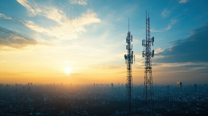 Industrial communication towers standing tall under a vibrant blue sky, with the sun casting long shadows over the bustling city