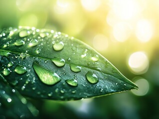 Elegant Composition of Water Droplets on a Green Leaf with Sunlight Filtering Through, Emphasizing Natural Beauty