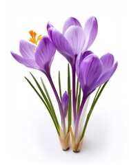 Fototapeta premium Blooming saffron crocus with purple petals and orange filaments isolated on white, perfect for spring and nature themes