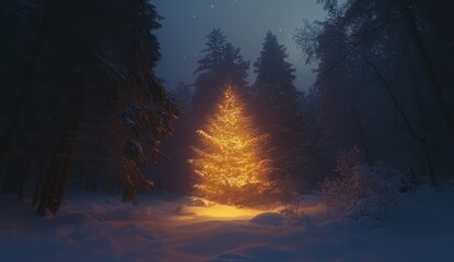 Fototapeta premium A Christmas tree in the snow at night. A beautiful, glowing Christmas pine against a starry sky.