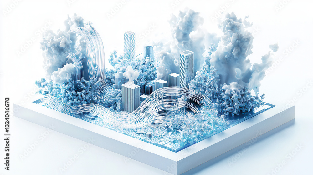 Aufkleber modern cityscape with flowing data streams and cloud formations, symbolizing global connectivity and