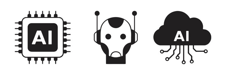 Minimalist Ai Icon Set Featuring Chip, Robot, and Cloud Symbols on White Background