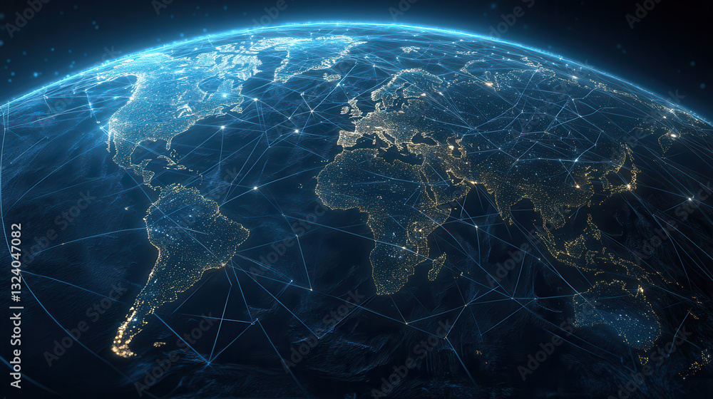 Poster sleek and modern visualization of global data network, showcasing interconnected continents and illu