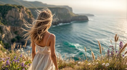 Young woman sitting on the beach enjoying the summer with a beautiful view of the ocean and sky