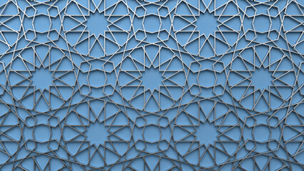 Background with traditional eastern islamic geometric silver ornament on blue. Ramadan backdrop. 3d render illustration