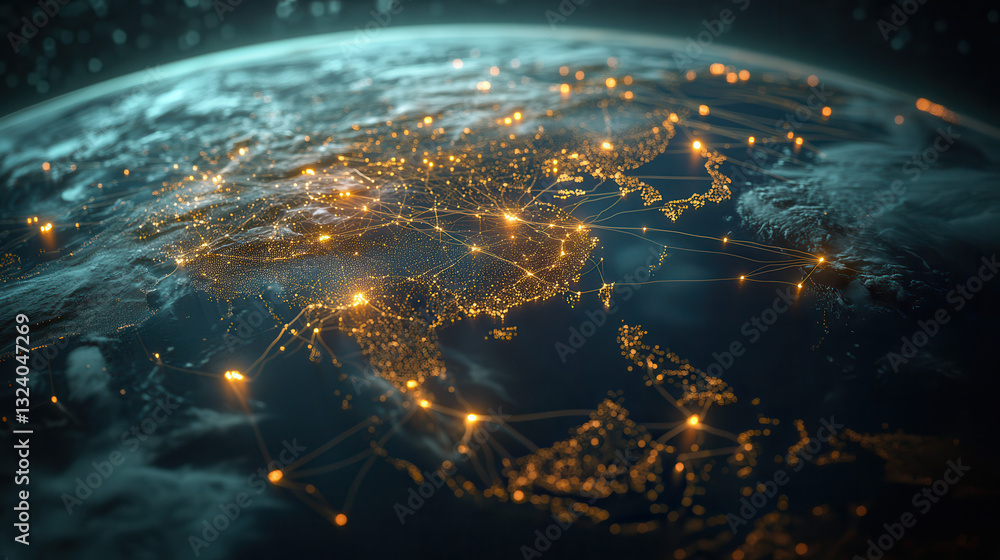 Poster stunning visualization of earth showcasing global connectivity through illuminated networks