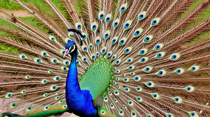 Obraz premium A male peacock with the fanned-out wheel of its tail feathers during courtship