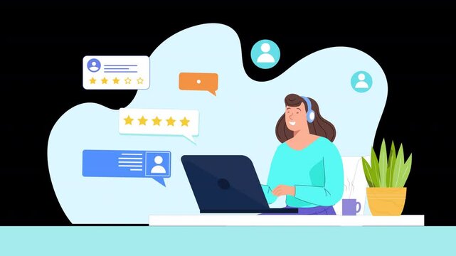 2D animation scene template illustrates customer support, emphasizing channels and resolving inquiries. It features an interface with phone icons, chat bubbles, and email envelopes
