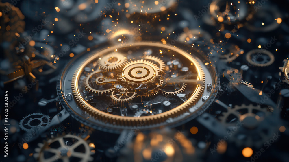 Poster intricate steampunk gears and cogs create mesmerizing mechanical scene, showcasing brass elements an