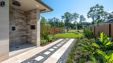 Modern outdoor shower and garden pathway