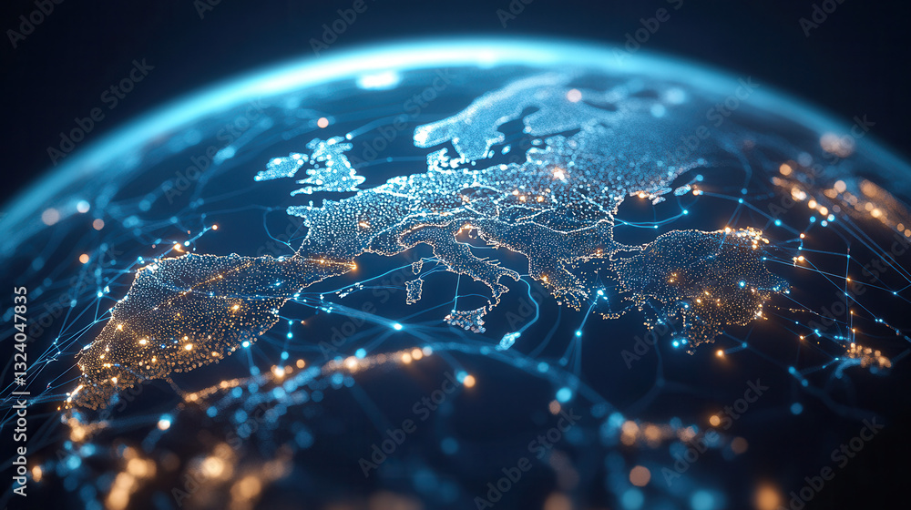 Poster 3d isometric global data network visualization showcasing europe with glowing connections and nodes,