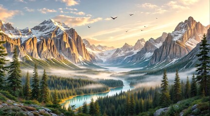 Beautiful mountain sunset and sunrise over the Alps with snow, trees, and a peaceful lake in the valley