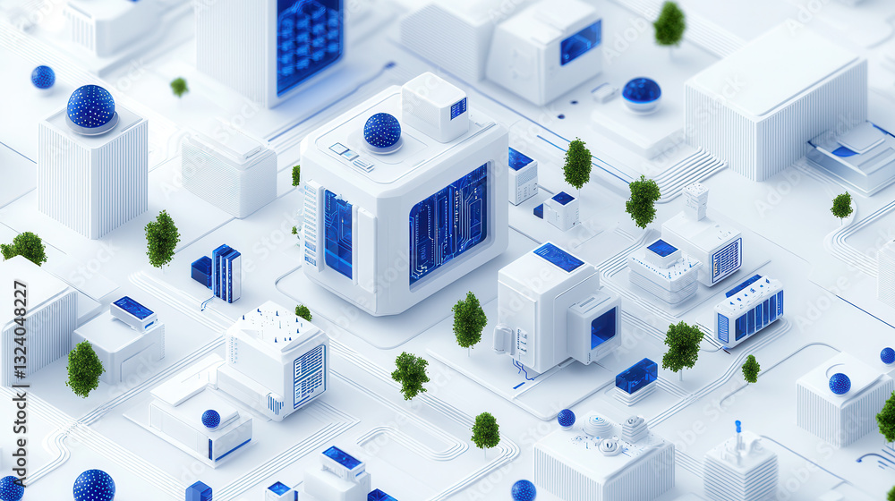 Poster innovative global data network concept with sleek architecture and greenery
