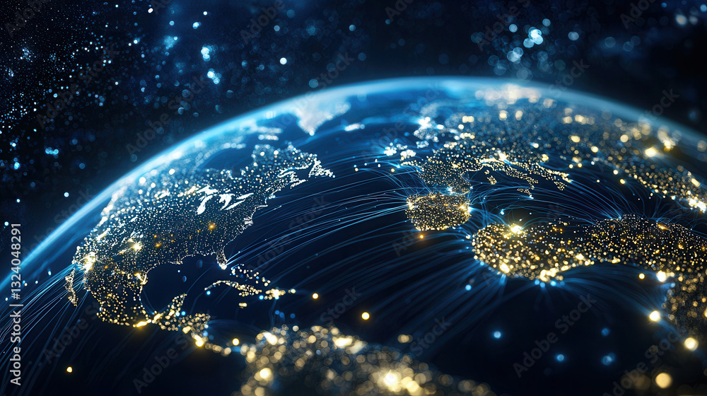 Poster global data network concept showcasing interconnected cities and regions, illuminated by lights, rep