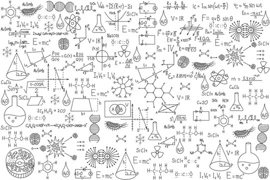 School background with various formulas, drawings on geometry, chemistry, biology and physics. School blackboard with handwritten formulas. Abstract scientific black and white illustration for design.