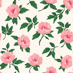 Cute pink small piones flowers with green leaves seamless pattern for girl fashion fabric print