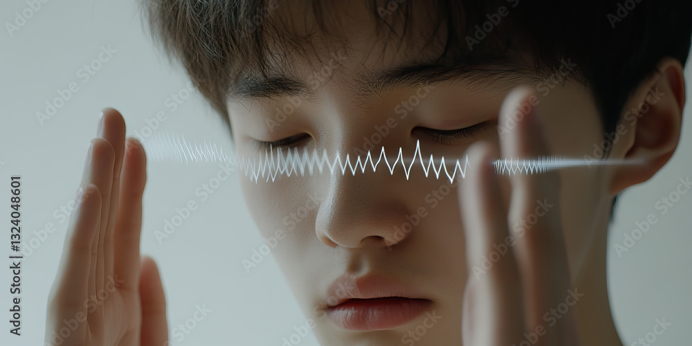 Poster close-up of a person's face with simulated waveform