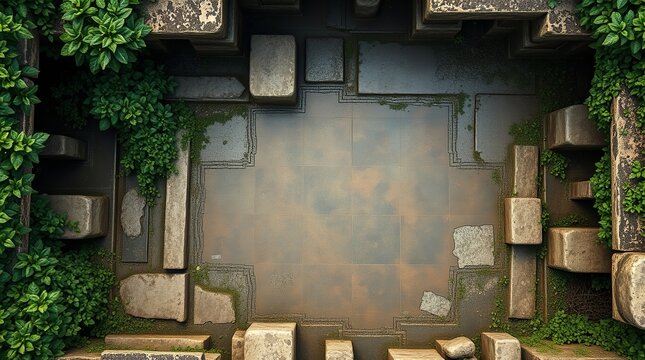 Aerial view of an ancient stone courtyard surrounded by lush greenery, evoking a sense of mystery and tranquility. - Powered by Adobe