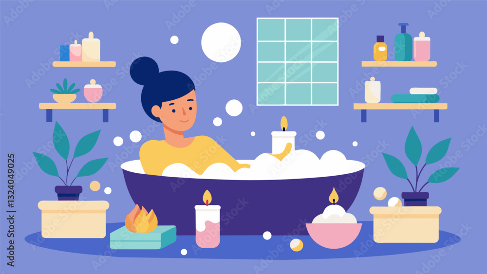 Poster an individual taking a long bath with bath bombs and candles creating a soothing and calming environ