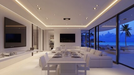 Modern beachfront living room, dining, and entertainment space