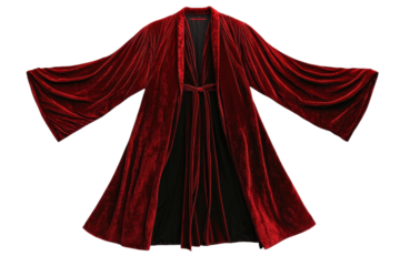 Elegant velvet robe in rich crimson drapes gracefully against a minimalist backdrop isolated on transparent background