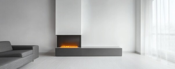 A modern interior featuring fireplace and a minimalist living space