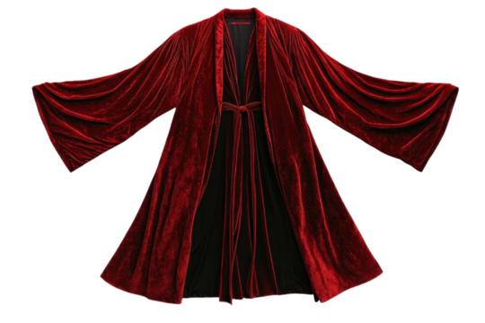 Elegant velvet robe in rich crimson drapes gracefully against a minimalist backdrop isolated on transparent background