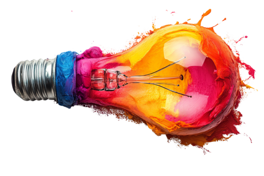 A vibrant light bulb bursting with vibrant colors, representing creativity and innovation. Ideal for designs related to ideas and inspiration.
