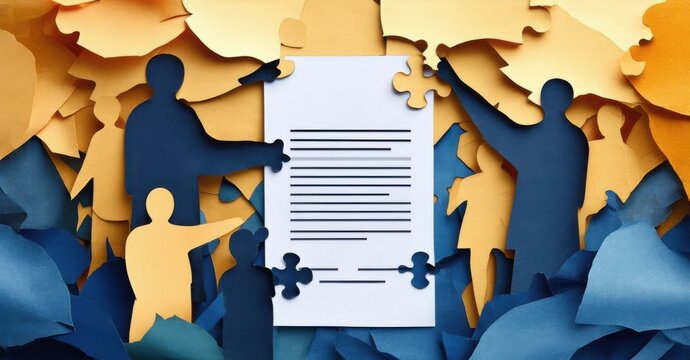 Paper cutout of group of people standing around contract with each person holding different piece deep navy and warm gold symbolizing collaborative agreements