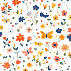 Obraz premium cute pattern of litle flowers and little buterflies. white background 