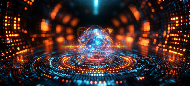 Vivid visualization of quantum computing elements illustrating qubits in superposition and entanglement. Bright colors depict data processing and optimization within a futuristic framework.