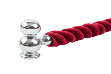 Elegant red velvet rope barrier with chrome ends for crowd control at upscale events isolated on transparent background