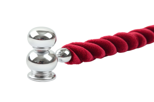 Elegant red velvet rope barrier with chrome ends for crowd control at upscale events isolated on transparent background
