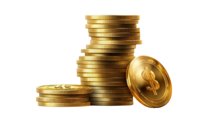 "A set of gold coins stacked neatly in perfect order, isolated on transparent background, exuding a sense of wealth and timeless value."