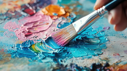 Fototapeta premium painter brush blends vibrant colors on textured canvas, showcasing creativity and artistry
