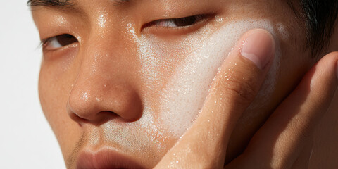 Fototapeta premium Close-up of a Person Applying Facial Cleansing Foam