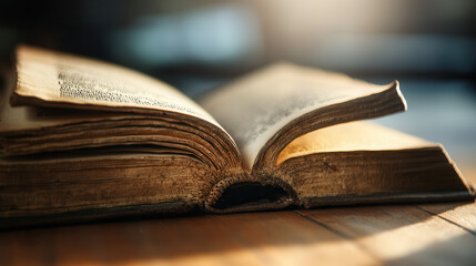 detailed shot of old book with worn out pages, capturing its timeless beauty and charm