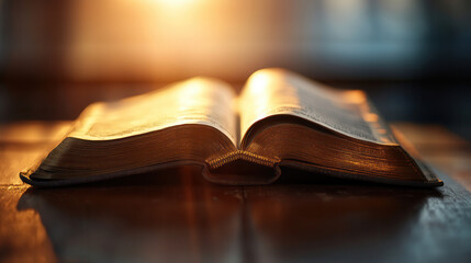 detailed shot of old book with worn out pages, illuminated by warm sunlight, evokes sense of nostalgia and wisdom