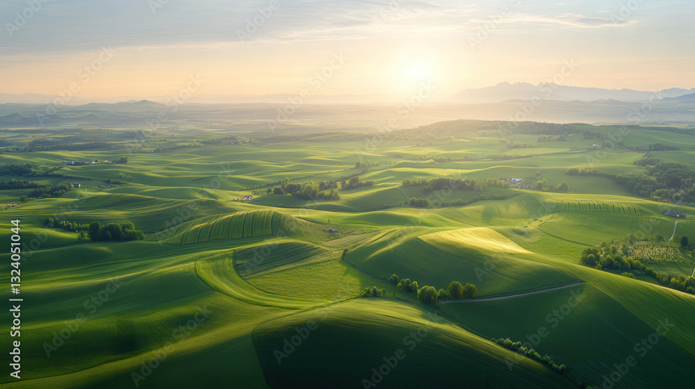 Poster endless fields of green and gold stretch across landscape, illuminated by warm glow of setting sun, 