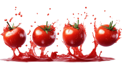 "A set of fresh, ripe tomatoes splashing into a pool of rich, red ketchup, isolated on transparent background, with droplets flying in all directions."