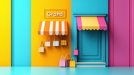A vibrant storefront with colorful walls, awnings, and shopping bags, showcasing a lively shopping environment.