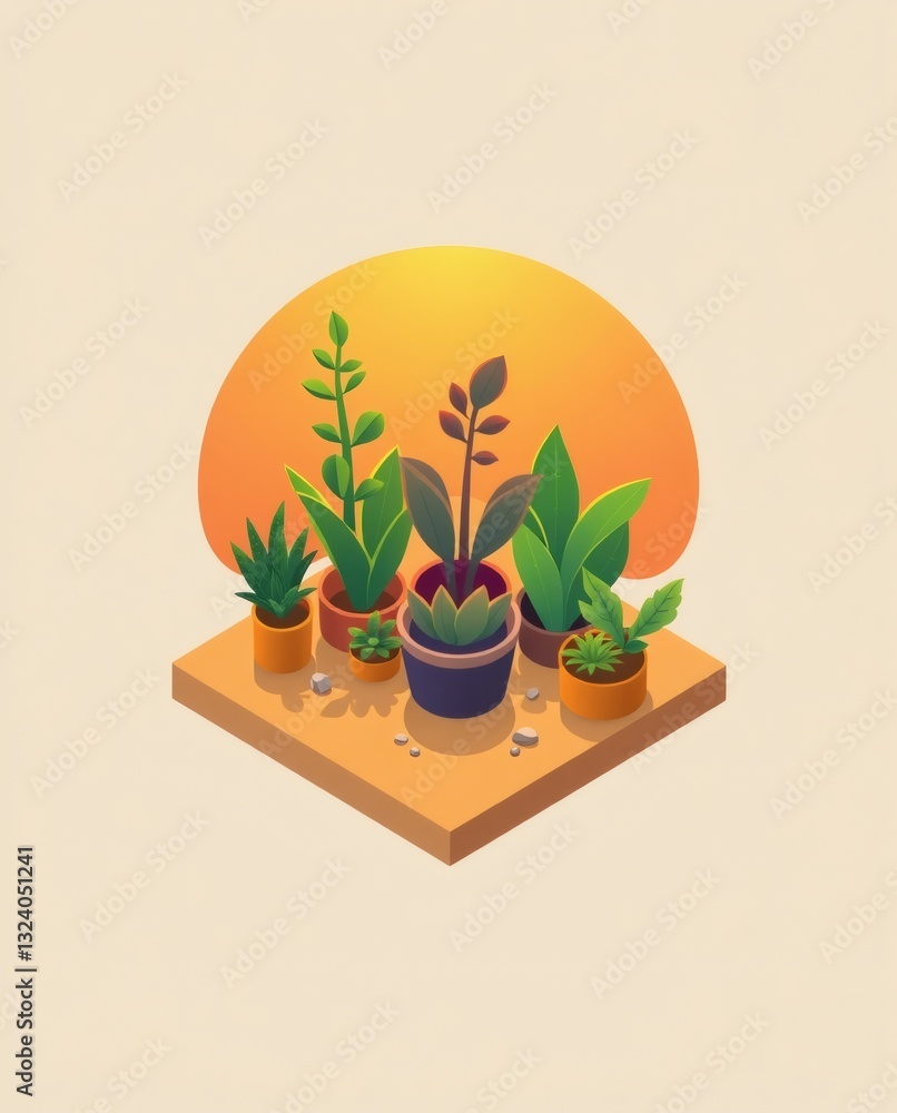 Poster a collection of various potted plants is arranged on a small surface, set against a backdrop of a warm, setting sun. This creates a serene and inviting atmosphere.