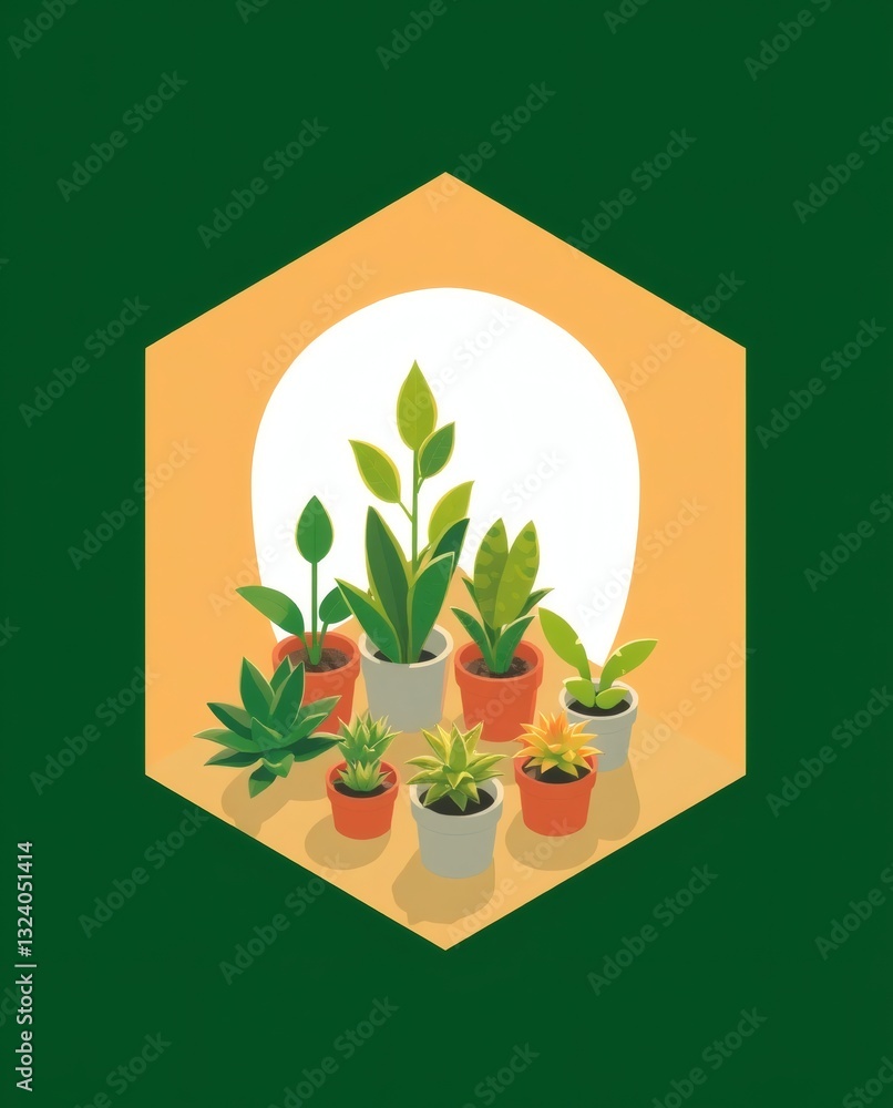 Poster collection of potted plants arranged on a hexagon shape