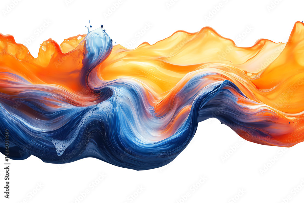 Poster A vibrant swirl of blue and orange paint creating a dynamic wave effect against a white background, perfect for modern design projects.
