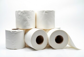 Pure White Comfort: Clear and Sharp Image of Stacked and Single Rolls of Toilet Paper, Ideal for Product Mockups, Online Retail, and Hygiene Promotions

