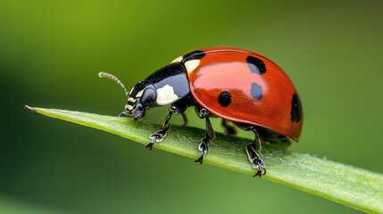 Fototapeta premium macro image of ladybug perched on green blade of grass, showcasing its vibrant red shell and distinctive black spots