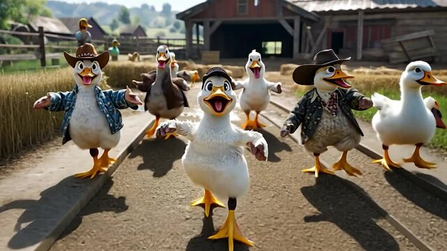 Playful animated ducks joyfully marching on a farm path with a rustic barn in the background