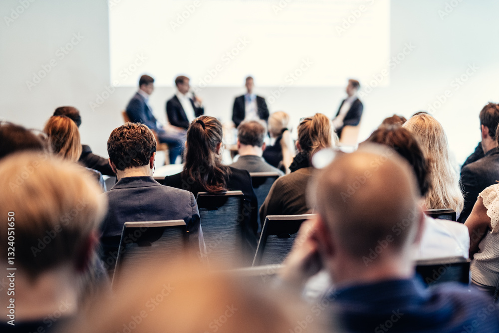 Poster interview and round table discussion at business convention and presentation. audience at the confer