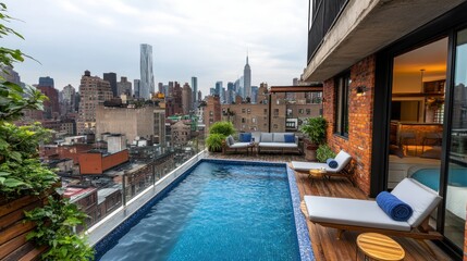 Obraz premium Rooftop Plunge Pool with Manhattan Skyline View
